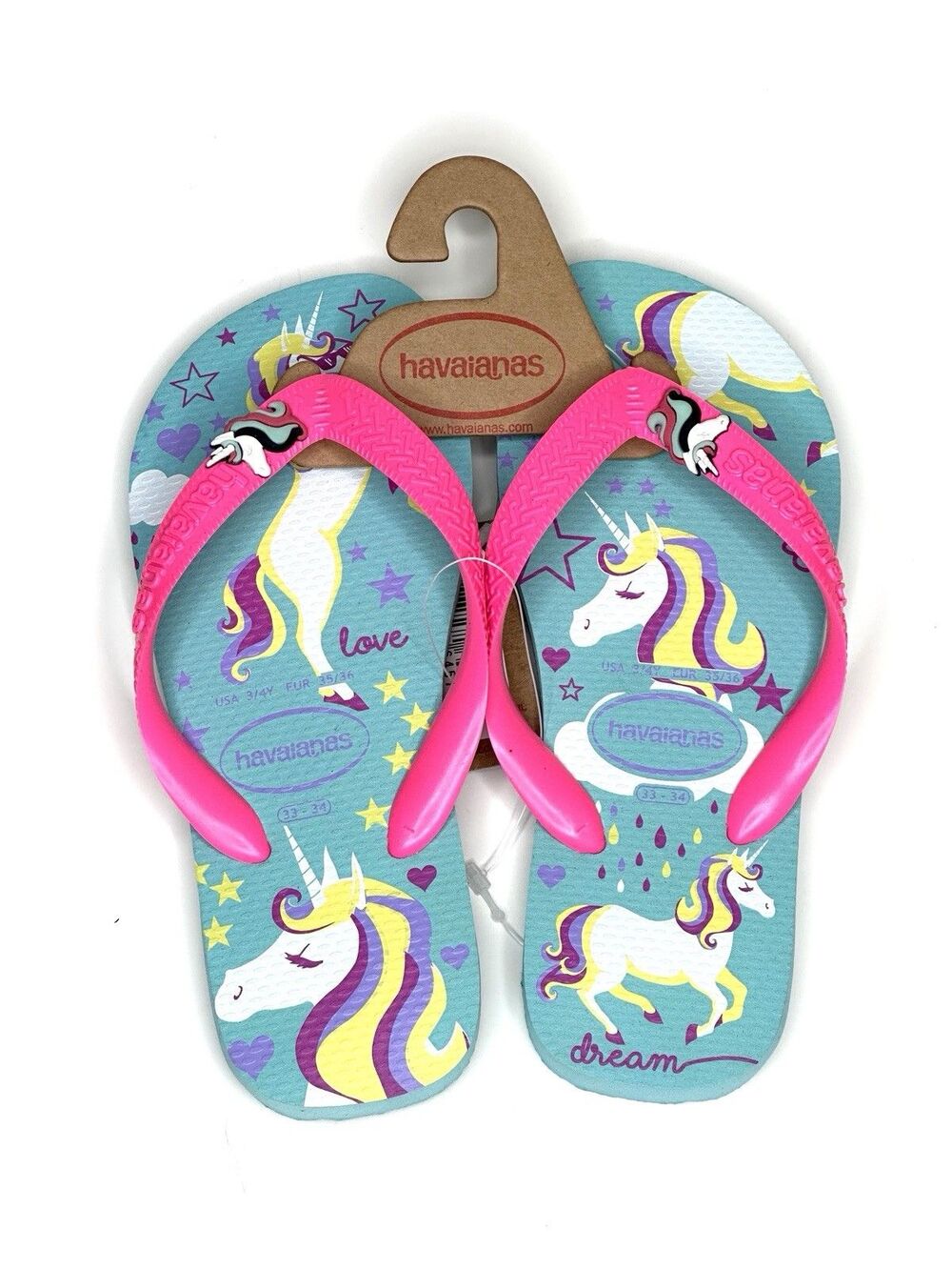 Havaianas Ice Blue/Shocking Pink Unicorn Flip Flops Sandals Girls Size 3/4Y NWT